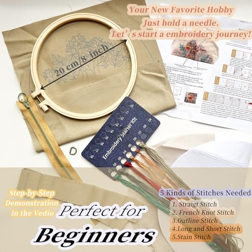 FONNUY Embroidery Kit Makeup Bag for Beginners, Flowers Pre-Stamped Pattern Handbag Coin Purses Making Kits for Adults with Hoop, Easy to Follow Color Thread Needlework (Beige) - Image 3