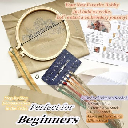FONNUY Embroidery Kit Makeup Bag for Beginners, Flowers Pre-Stamped Pattern Handbag Coin Purses Making Kits for Adults with Hoop, Easy to Follow Color Thread Needlework (Beige) - Image 3