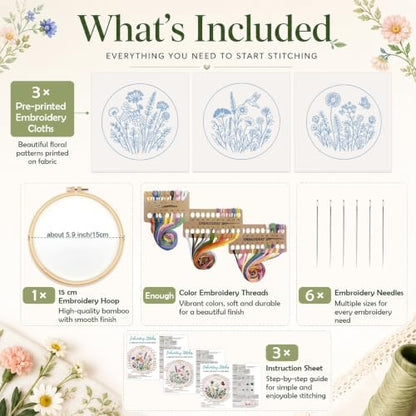 Nuberlic Embroidery Kit for Beginners, 3 Pack Floral Stamped Embroidery Starter Kit with Hoop, Pre Printed Flower Patterns, Threads, Needles and Step by Step Instructions, DIY Needlework Gift - Image 4