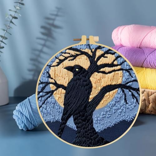 Punch Needle Kits Black Raven on Black Tree Under Moon 20x20cm-3 - Image 6