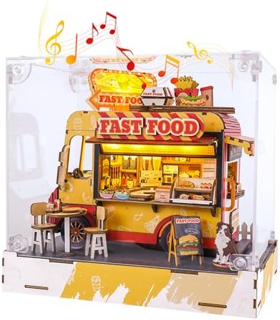 DIY Miniature House Kit (Fast Food Cart) Tiny Dollhouse Kits for Adults to Build, Mini Model Kits with LED Light&Music Box&Dust-Proof Cover, Birthday Gifts for Family Friends by Cutywood