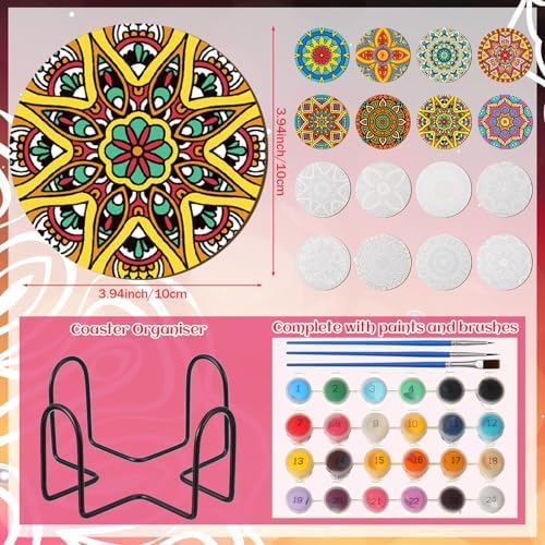 Reallnaive 8 Pcs Mandala Paint by Numbers Kit for Adults Wooden Coasters - Image 3