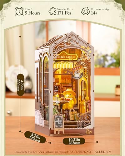 ROBOTIME DIY Book Nook Kit Holiday Café, 3D Wooden Puzzle Miniature Coffee Shop with LED Light, Creative Bookshelf Decor Diorama Kit for Adults, Unique Gift Idea - Image 4