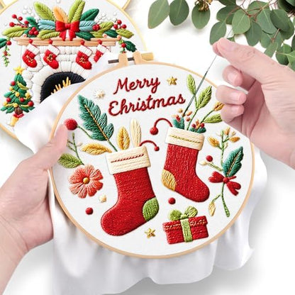 ERKOON Embroidery Kit for Beginners, 5 Sets Christmas Cross Stitch Set for Adults Include Embroidery Cloth Hoops Threads for Craft Lover Hand Stitch with Skill Techniques (Christmas#1) - Image 5