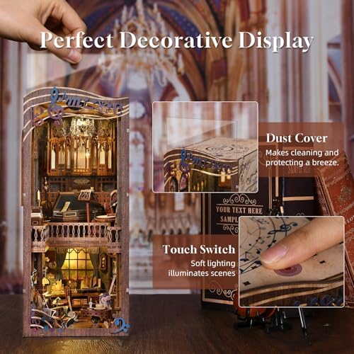 fifijoy Book Nooks, DIY Miniature Book Nook Kit Music, 3D Wooden Puzzle Bookends for Bookshelf Insert Decor with Led Light for Teens and Adults (Timeless Melody) - Image 4