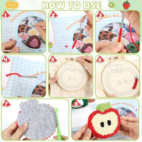 Justforjoyful 6 Set Punch Needle Embroidery Coasters Craft Kits Punch Needle Refrigerator Magnets Kit Tool Threader Fabric for Christmas Winter Beginners Adults DIY Handmade Gifts Party(Fruit) - Image 3