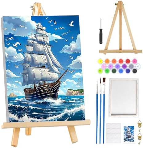 MOGTAA Ship Landscape Paint by Numbers Kit for Adults Beginners with Frame, Seagulls and Sea Adult Paint by Number Kits on Canvas with Easel, Easy DIY Oil Painting Kits for Home Decor, 8x12in by MOGTAADIYHomeDecor