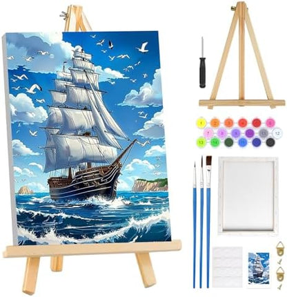 MOGTAA Ship Landscape Paint by Numbers Kit for Adults Beginners with Frame, Seagulls and Sea Adult Paint by Number Kits on Canvas with Easel, Easy DIY Oil Painting Kits for Home Decor, 8x12in by MOGTAADIYHomeDecor