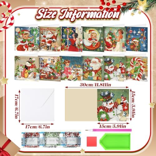 Saillong 12 Pack Vintage Christmas Diamond Painting Greeting Card Kits DIY Retro Christmas Diamond Art Cards with Envelope Xmas 5D Rhinestones Painting Kit for Adults DIY Craft Family Friend Xmas Gift - Image 4