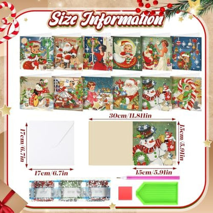 Saillong 12 Pack Vintage Christmas Diamond Painting Greeting Card Kits DIY Retro Christmas Diamond Art Cards with Envelope Xmas 5D Rhinestones Painting Kit for Adults DIY Craft Family Friend Xmas Gift - Image 4