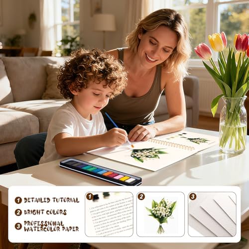 Watercolor Workbook for Adults, Beginner Friendly Watercolor Painting Kit Bouquet Water Coloring Book, Nature-Themed Practice Art Gift Water Color Paint Book with Palette and Brush - Image 6
