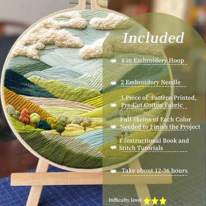 FONNUY Embroidery Kit for Beginners, Nature Hills Landscape Pre-Stamped Pattern Kits for Adults with Hoop, Easy to Follow Color Thread Needlework, 8'' Hoop (Rolling Mountains) - Image 2