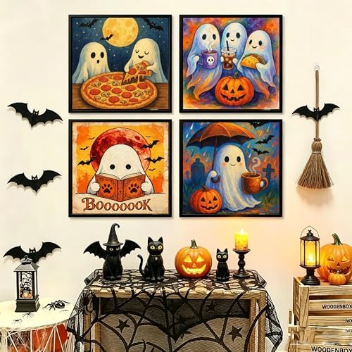 Canrichshop 4 Packs Halloween Ghost Framed Paint by Numbers Kit for Adults with Wooden Easel & Color Box,Ghost DIY Painting by Number on Canvas Gift,Easy Oil Acrylic Paint Prezzie 8x8inch - Image 5