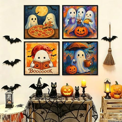 Canrichshop 4 Packs Halloween Ghost Framed Paint by Numbers Kit for Adults with Wooden Easel & Color Box,Ghost DIY Painting by Number on Canvas Gift,Easy Oil Acrylic Paint Prezzie 8x8inch - Image 5