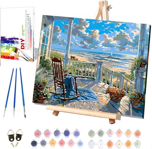 Clendo Landscape Paint by Numbers for Adults with Easel, Beach Adult Paint by Number Kits on Canvas, Framed DIY Color Oil Painting Acrylic Paints,Home Wall Decor 12x16inch by Clendo