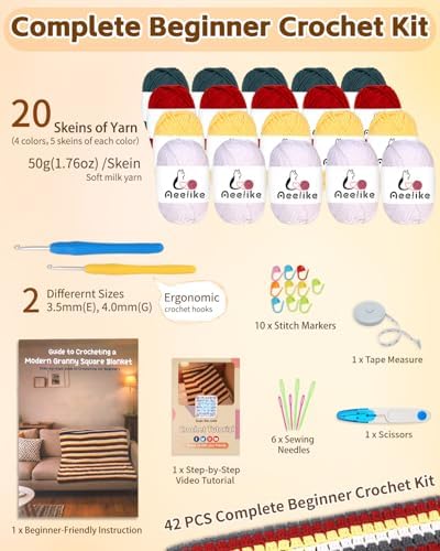 Aeelike Crochet Blanket Kit for Beginners, Colorful Mosaic Stripe,42PCS - Image 2