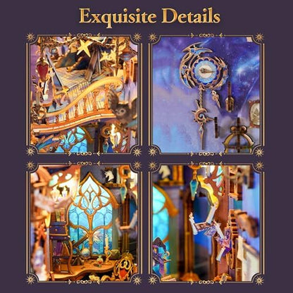 Tonecheer DIY Book Nook Kit for Adults,3D Wooden Puzzle Bookend Bookshelf Insert Library Decor, Booknook Miniature House Kit with Body Motion Sensor LED Light (Magic Stars Room) - Image 2