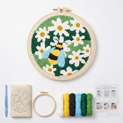 ZMHKJZDQ Punch Needle Kits for Beginners,DIY Punch Needle Embroidery with Fabric, Hoops, Yarns and Sewing Needles for Adults Children Festival Gift and Home Decor, 20x20cm (Daisy Bee) - Image 3