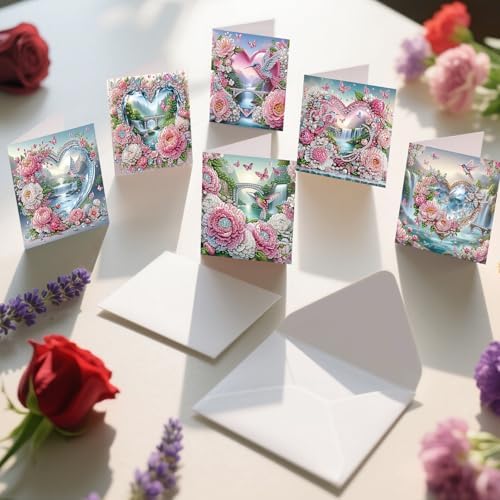 6 Pack Diamond Art Greeting Cards with Envelopes, Flowers and Hummingbirds DIY 5D Diamond Painting Card Kit, Handmade Rhinestone Postcards for Birthday & Valentine’s Day Wishes (30x15cm) - Image 6