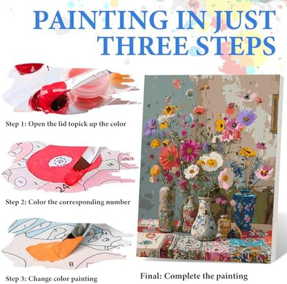 PRASIO Framed Paint by Numbers Kit for Adults Beginner, Vintage Flowers Adult Paint by Number Kits on Canvas Framed, DIY Acrylic Watercolor Oil Paint by Numbers with Frame for Home Decor 16x20 Inch - Image 4
