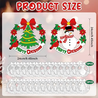 Sereliy 24 Pcs Christmas Coloring Wreath Crafts for Kids, Color Your Own Christmas Crafts, DIY Paper Xmas Wreath for Classroom Activities Games. (Xmas 24) - Image 2