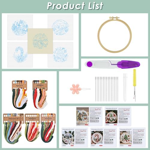 ERKOON Embroidery Kit for Beginners, 5 Sets Christmas Cross Stitch Set for Adults Include Embroidery Cloth Hoops Threads for Craft Lover Hand Stitch with Skill Techniques (Christmas#2) - Image 2
