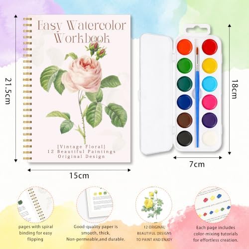 Retro Floral Watercolor Workbook, Vintage Rose Painting Set with Palette - Image 2