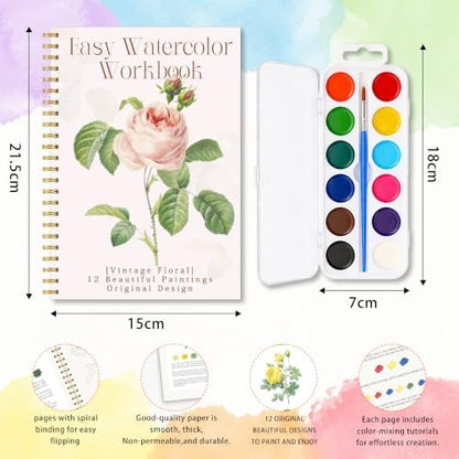 Retro Floral Watercolor Workbook, Vintage Rose Painting Set with Palette - Image 2