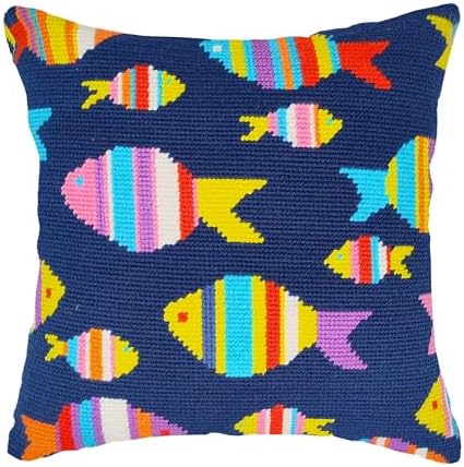 Howie's Needlepoint Needlepoint Kits for Adults, Pillow Front Cross Stitch Kit with Embroidery Pattern on Canvas, Yarn, 2 Needles and Instruction, 16 x 16inch(Colorful Fish) by HowiesNeedlepoint