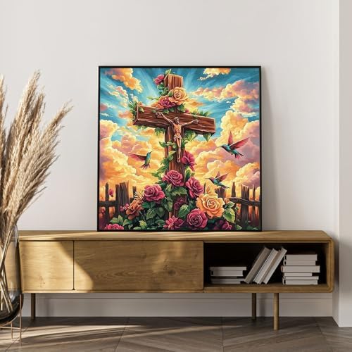 Paint by Numbers Kit for Adults, Christian Cross & Roses Design, 16x16 Inch - Image 7