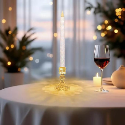 Flameless LED Taper Candles wish Illuminated Holder - Glass Candle Holder, Remote Timer 2AA Battery Operated 500 Hours for Thanksgiving/Xmas Decor, Wedding Centerpiece (Crystallized-Brilliant, 2 Pack)