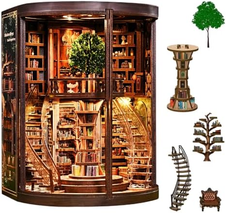 Book Nook Kit for Adult-3D Wooden Puzzles Miniature Library Bookshelf Insert Bookend Decor，Adult Miniature Model with LED Light and Dust Cover, Touch Switch, Adult Craft Kits Gift by VZVXCC