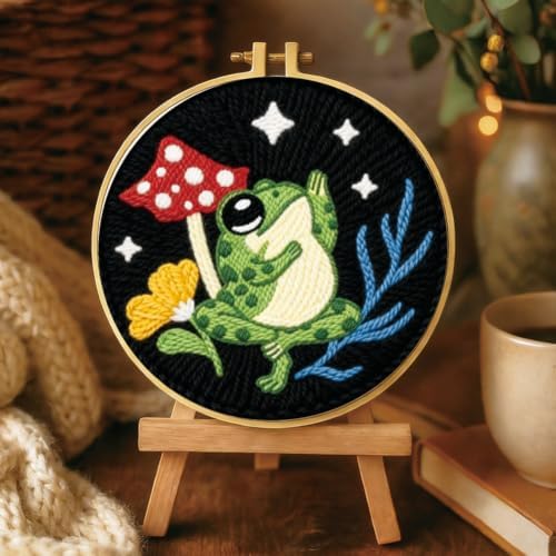 BEUNITONE 2PCS Punch Needle Kit for Adults Beginners, Frog Mushroom Needlepoint Crafts Kit for Adults, Complete Embroidery Starter Kit with Pre-Print Pattern and Hoop for Home Decor 7.9"x7.9" - Image 6