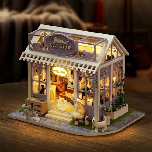 CUTEROOM Miniature House Kits for Adults, Mini Dollhouse Wooden Furniture Kit, DIY Craft Kits Creative Room Tiny House for Decoration-Kitten Paradise - Image 4