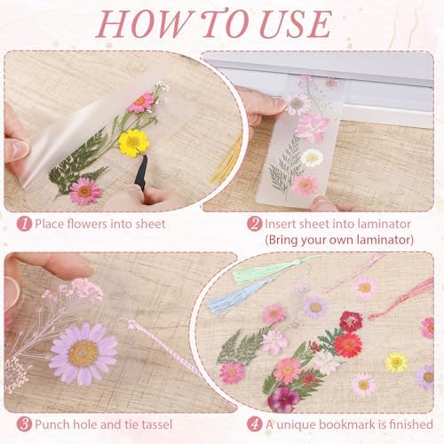 kmfosaat 344 Pcs Pressed Flower Bookmark Making Kit, 50 Laminating Pouches with 242 Dried Flowers, 50 Tassels, Tweezer and Punch, Party DIY Crafts Bookmark for Book Lovers - Image 4