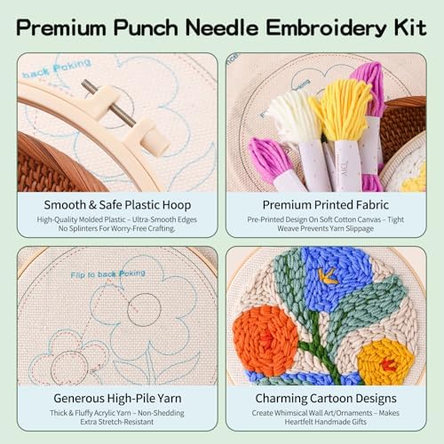 Fvbber Punch Needle Kits Adults Beginner, 2 Pcs DIY Easy Flower Embroidery Set with Patterns, Tools, Yarns, Hoop, Instruction for Home Decor, Craft Gift (Flower 1 - Image 3