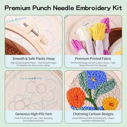 Fvbber Punch Needle Kits Adults Beginner, 2 Pcs DIY Easy Flower Embroidery Set with Patterns, Tools, Yarns, Hoop, Instruction for Home Decor, Craft Gift (Flower 1 - Image 3