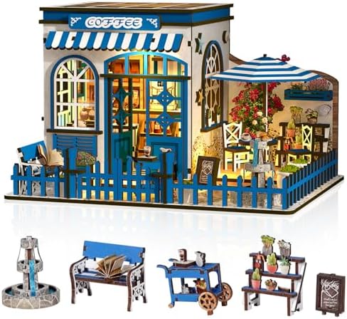 DIY Miniature House Kit, 3D Wooden Coffee Shop with Touch LED Lights, Mini Cafe Dollhouse Building Set, DIY Dollhouse Model Kit for Adults Teens, Creative Home Decor Craft Gift for Birthday by Hallisun