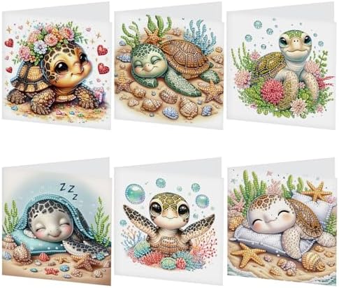 antor 6 pcs Diamond Art Painting Greeting Card Kits, Animal Cute Turtle Design Irregular Shapes Diamond Art Fine Glitter Greeting Cards with Envelopes, Clay Glue, Pen, and Bead Bag for Creative Gifts by antor