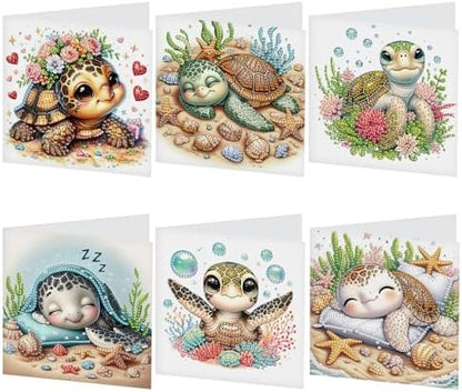 antor 6 pcs Diamond Art Painting Greeting Card Kits, Animal Cute Turtle Design Irregular Shapes Diamond Art Fine Glitter Greeting Cards with Envelopes, Clay Glue, Pen, and Bead Bag for Creative Gifts by antor