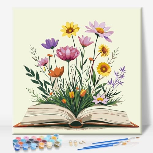 Camocin Framed Paint by Numbers Kit for Adults Beginner - Book and Wildflowers Paint by Number Canvas with Frame, Cottagecore DIY Acrylic Painting Kit for Book Lovers Home Wall Decor 12x12 Inch by CamocinDIYKit