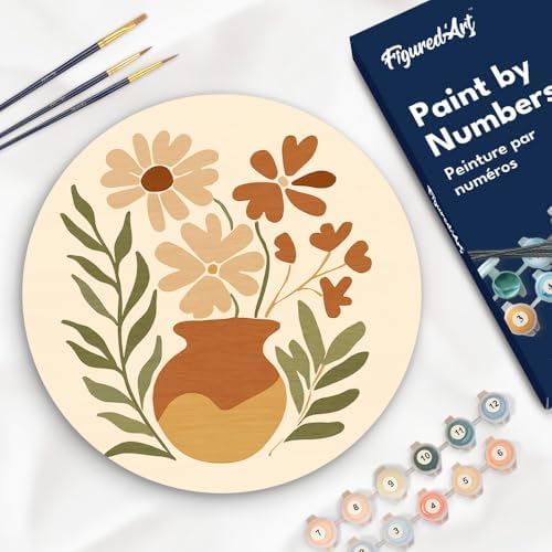 Figured'Art Paint by Numbers Kit for Adults on Wood Slice, 11.8in Diameter - Pot of Flowers - Craft Art Painting DIY Canvas by FiguredArt