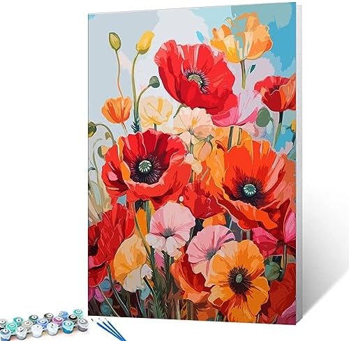 TUMOVO Tropical Red Flowers Digital Painting Poppy Floral Paint by Number Kits 16 x 20 inch Garden Wildflowes Canvas DIY Oil Acrylic Paintwork Kids Adults Beginner Brushes Nordics Gift(DIY Frame) by TUMOVO