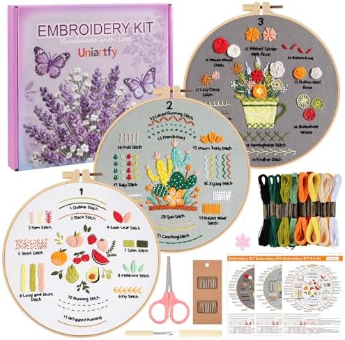Embroidery Kit for Adult Beginners, 3 Pack Embroidery Stitches Practice Kit to Learn 31 Stitches, with Step-by-Step Instructions & Videos, Tools, DIY Needlework Craft Gift for Craft Lovers Women by Uniartfy