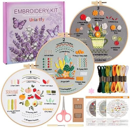 Embroidery Kit for Adult Beginners, 3 Pack Embroidery Stitches Practice Kit to Learn 31 Stitches, with Step-by-Step Instructions & Videos, Tools, DIY Needlework Craft Gift for Craft Lovers Women by Uniartfy