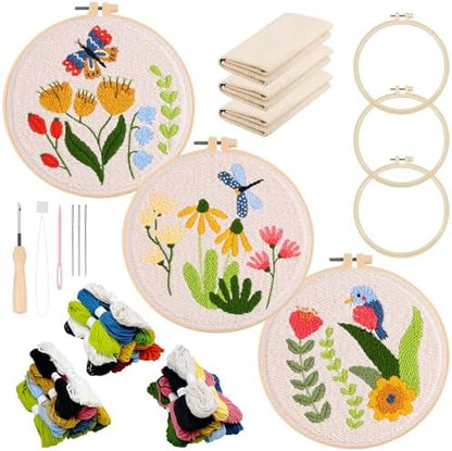 Allazone 3 Set Embroidery Starter Kits for Beginner, Butterfly and Bird Punch Needle Kit with Instruction, Plastic Hoop, Yarns and Embroidery Handle Needle Pen by Allazone