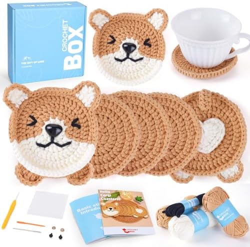 CrochetBox 8 Pack Corgi Coasters Crochet Kit for Beginners, Adults by CROCHETBOX