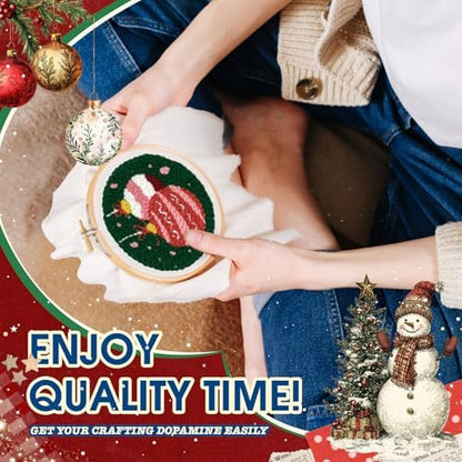 yuegool 2PCS Christmas Punch Needle Decoration Kit,Easy DIY Punch Needle Embroidery Kit for Beginners Adults Kids Including Patterns, Tools, Yarns, Hoop, Instruction, Bracket Art Craft Supplies - Image 3