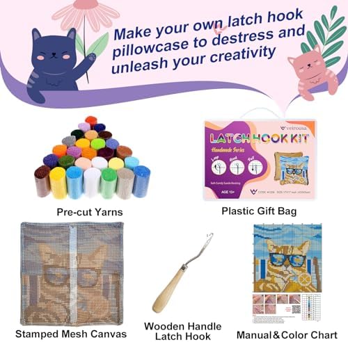 veirousa Orange Cat Latch Hook Kits for Adults, Beginners DIY Hooked Pillow Kit Pre-Printed Pillowcase Hook and Latch Rug Kits Cross-Stitch Cushion Cover for Home Sofa Decoration 17x17 inch - Image 3