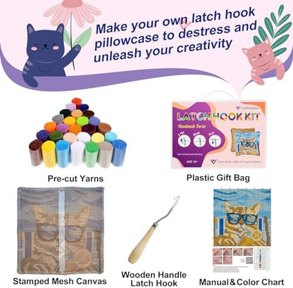 veirousa Orange Cat Latch Hook Kits for Adults, Beginners DIY Hooked Pillow Kit Pre-Printed Pillowcase Hook and Latch Rug Kits Cross-Stitch Cushion Cover for Home Sofa Decoration 17x17 inch - Image 3